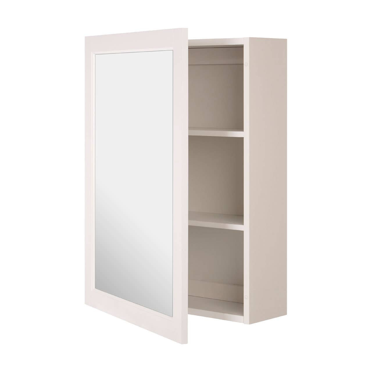 Mirrored wall cabinet with a sleek design, featuring a large reflective surface on the front and two inner shelves for storage. The cabinet is mounted on a wall and has a light-colored frame, providing a modern and functional addition to home decor