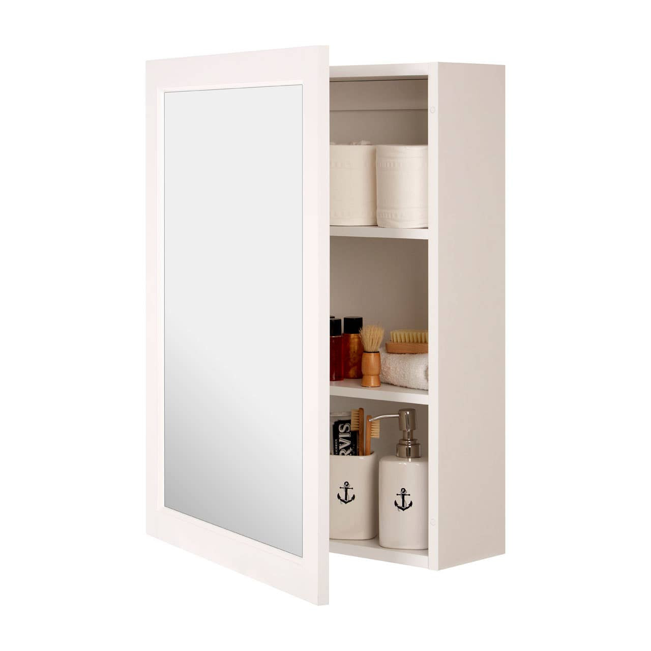 A white wall cabinet featuring a large mirrored front and two inner shelves, displaying various storage items such as bottles and boxes. The cabinet is designed for easy wall mounting and offers a sleek, modern aesthetic