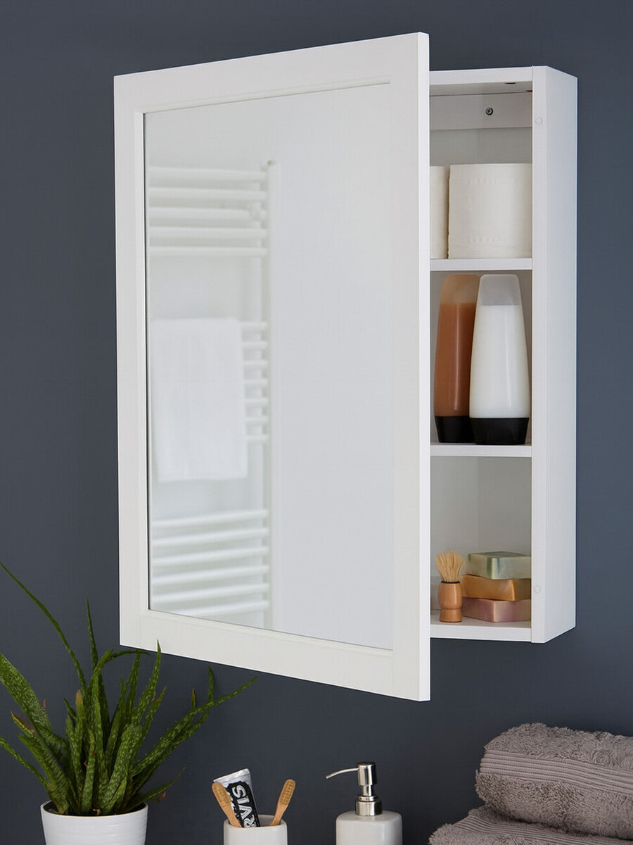 A white mirrored wall cabinet with a louvered door, partially open to reveal two inner shelves. The shelves contain various decorative items, including a stack of books and small containers. A green plant is positioned below the cabinet against a dark wall