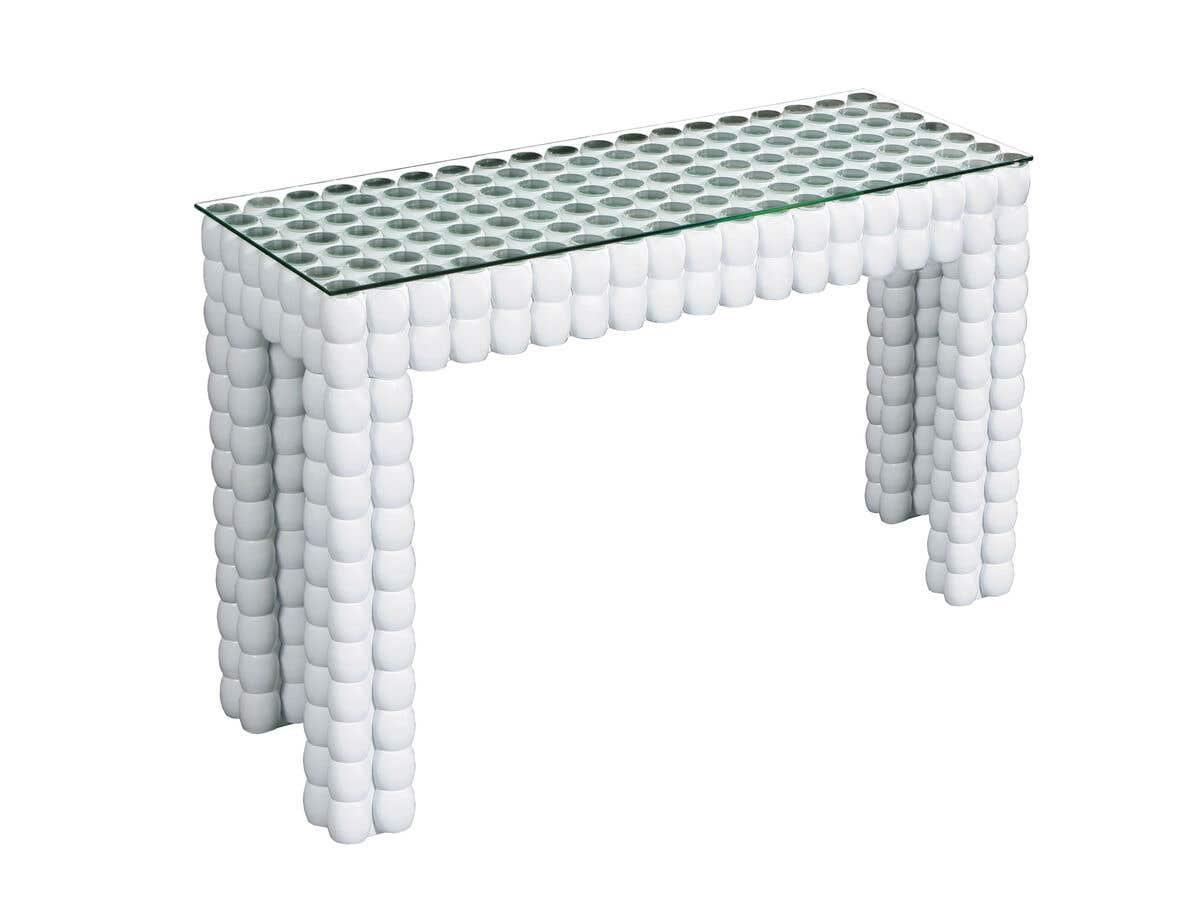 Modern glass console table with white textured cylindrical base and rectangular top
