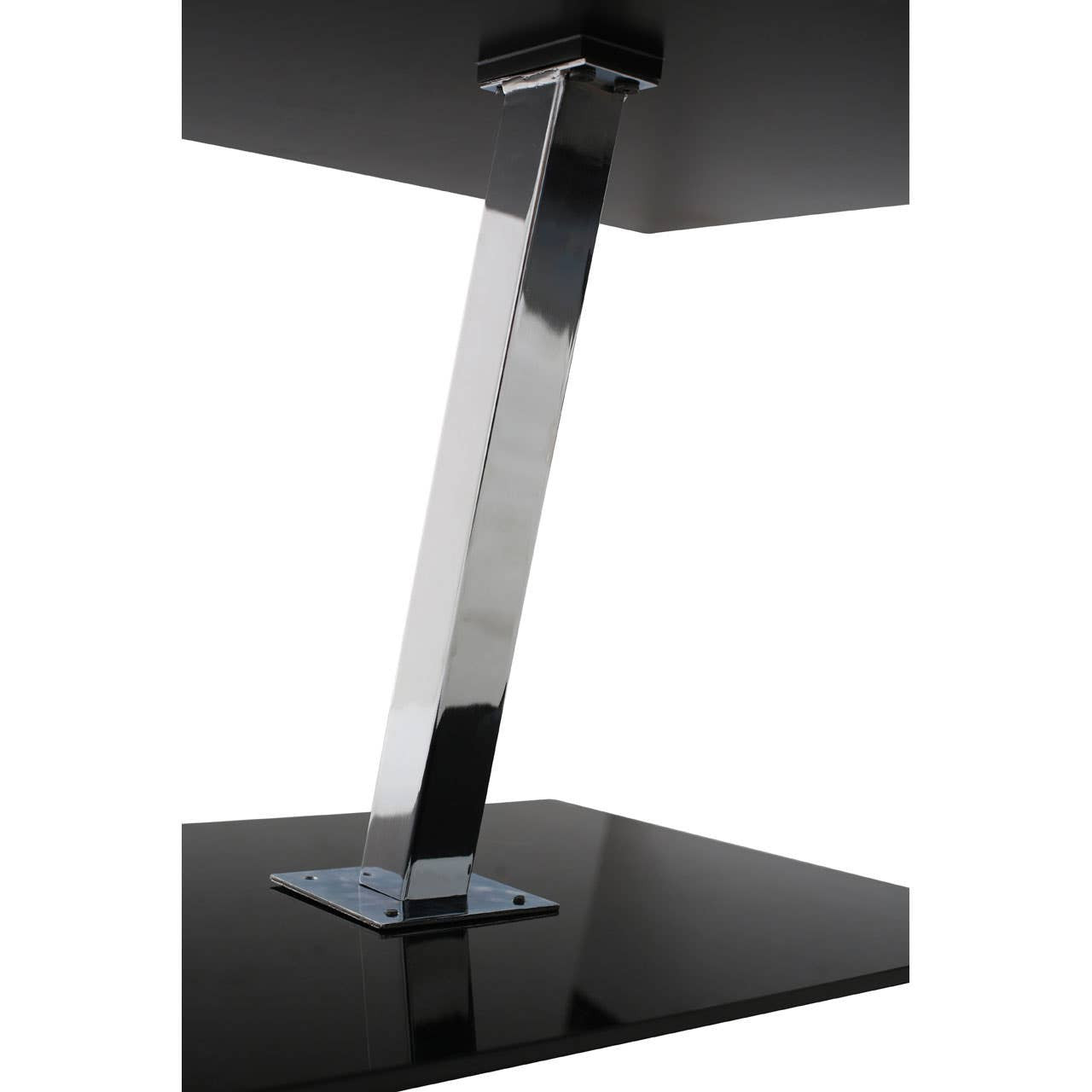 A sleek end table featuring a black tempered glass top and a modern chrome frame. The table has a unique angular chrome support that connects the top to a sturdy base, showcasing a contemporary design suitable for various home decor styles