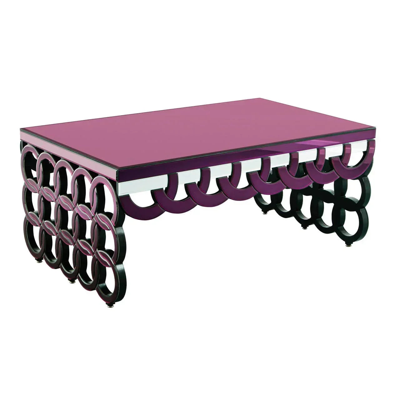 Purple glass coffee table with geometric cutout legs and mirrored trim