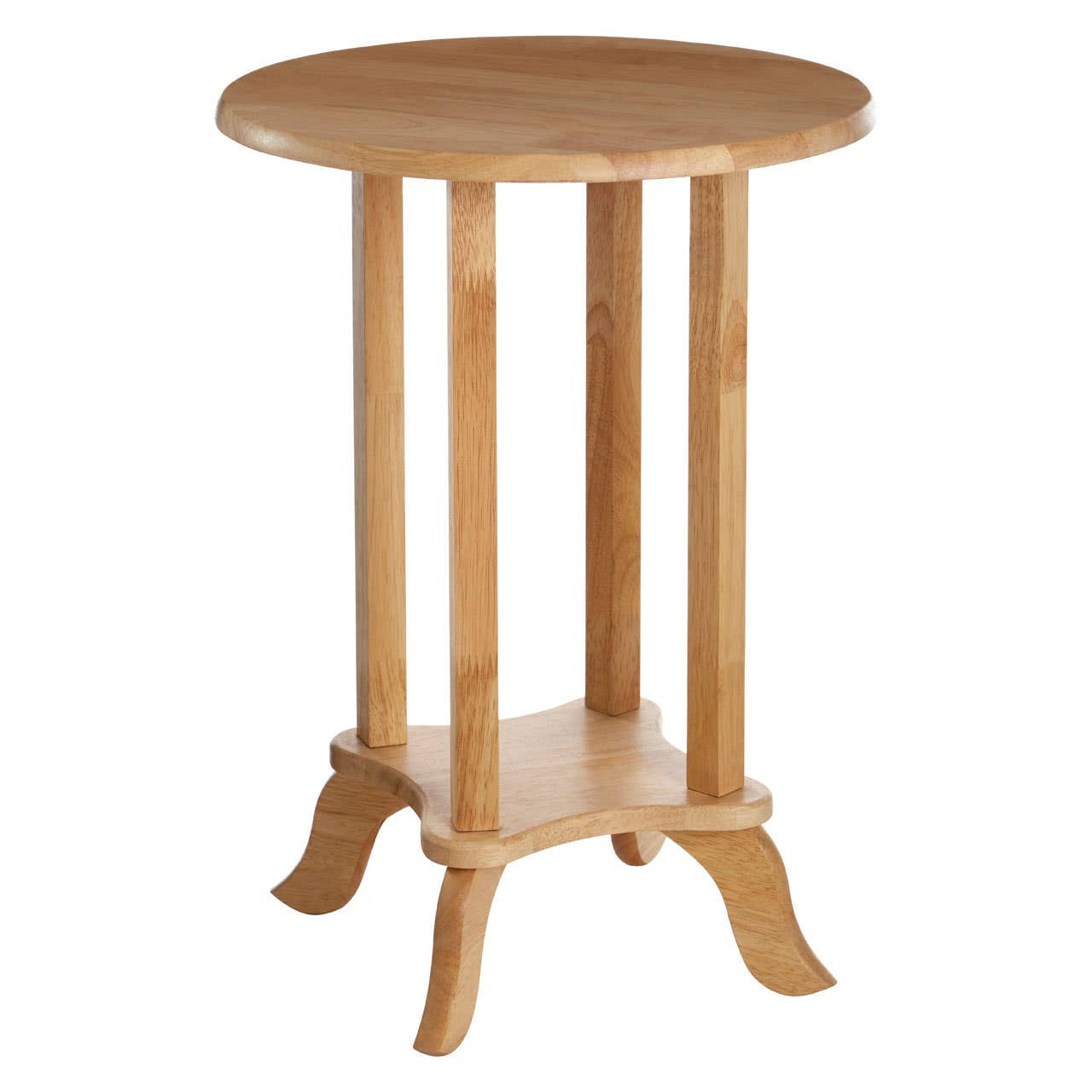 Round side table made from tropical Hevea wood, featuring a smooth circular top and four sturdy legs. The table has a lower shelf for additional storage and elegantly curved feet, showcasing a natural wood finish