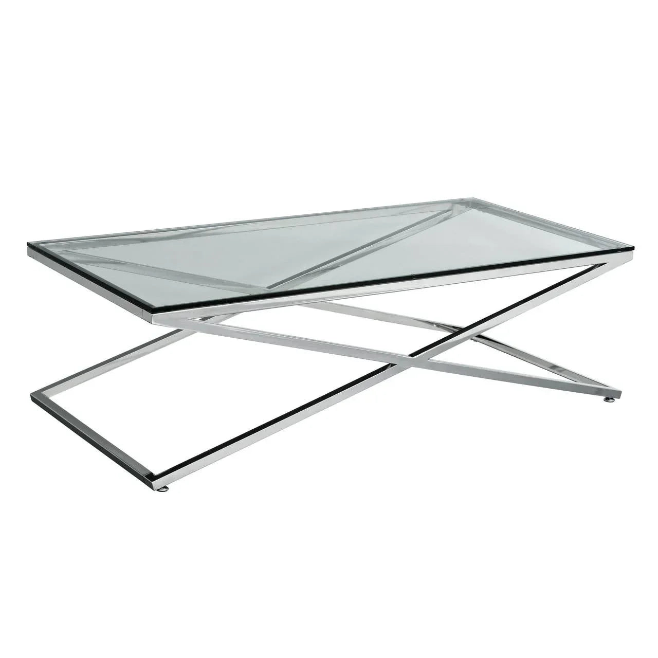 Glass coffee table with chrome crossed metal legs, rectangular top, modern style