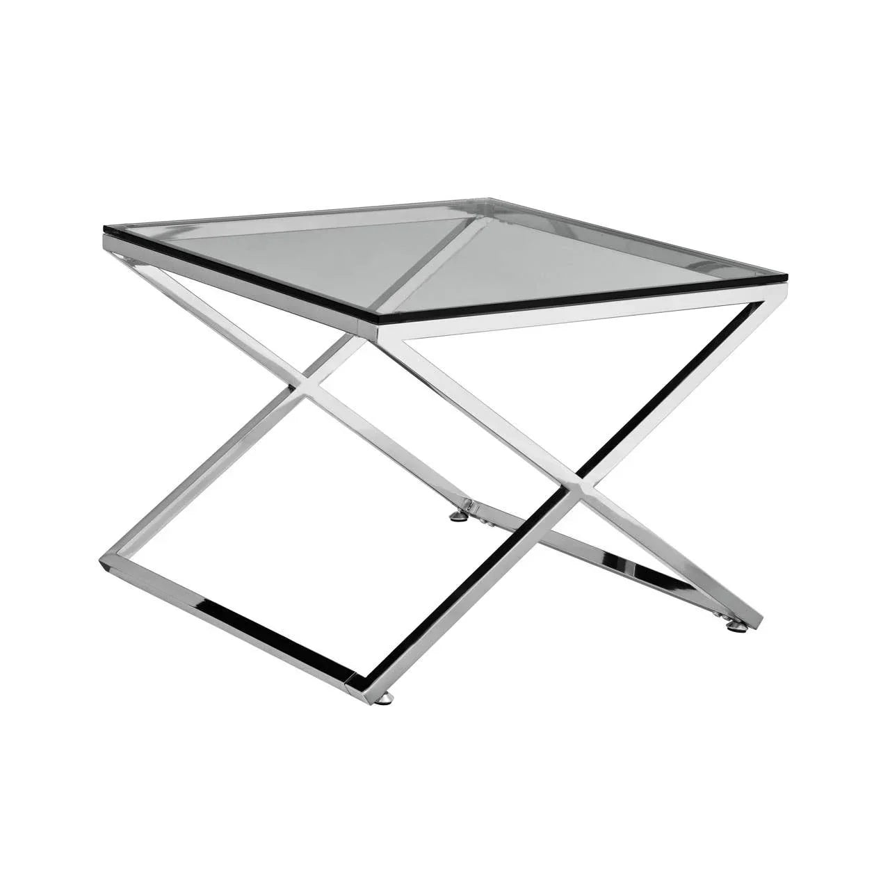 Modern glass side table with chrome metal frame and geometric crossed leg design