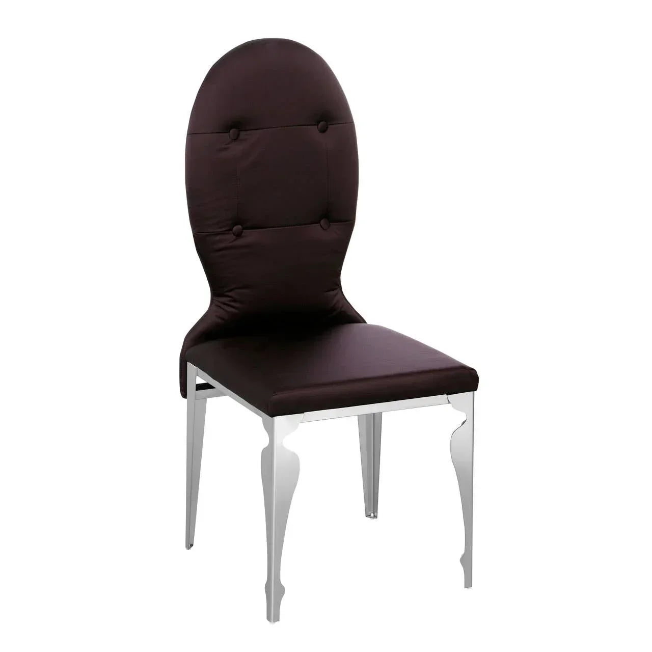Modern dining chair with dark upholstered seat and back, chrome legs, front angle view