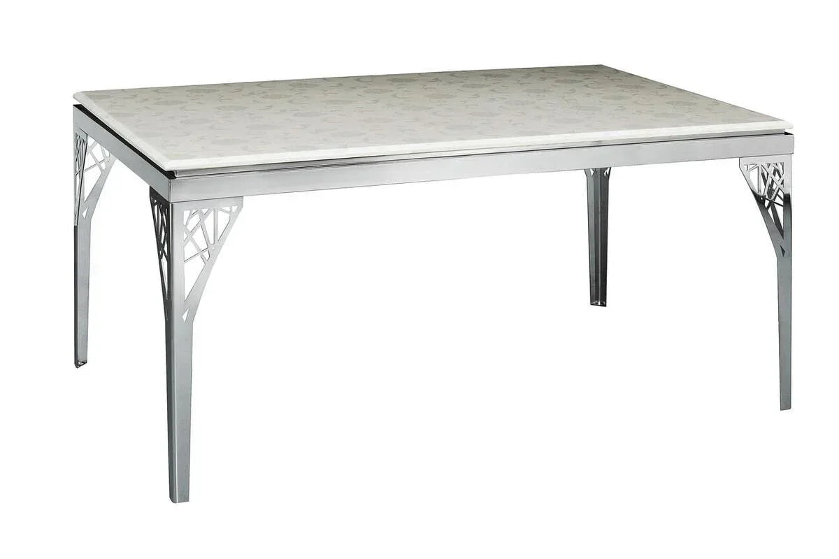 Modern dining table with chrome frame and white patterned glass top