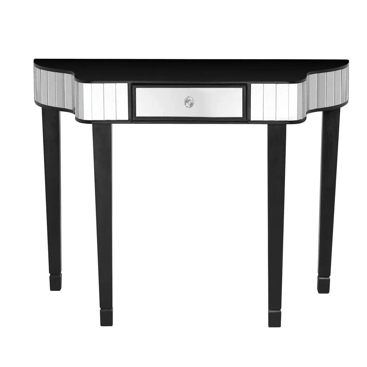 Black mirrored console table with single drawer and reflective panel details