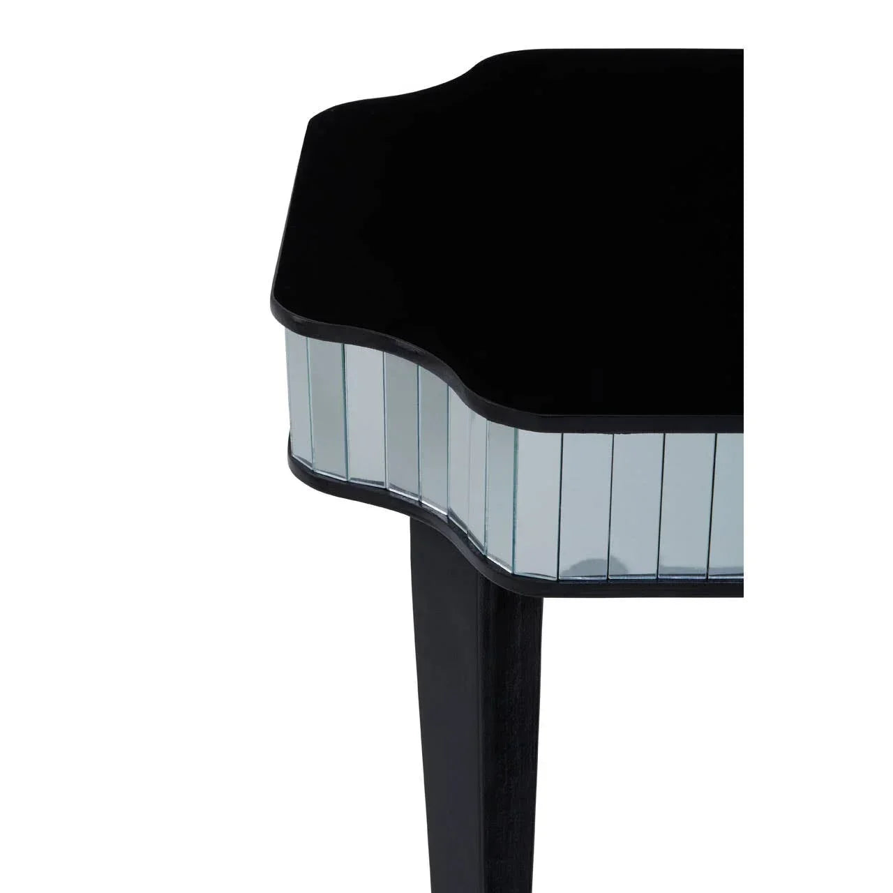 Black glass side table with mirrored panel detail and curved edge