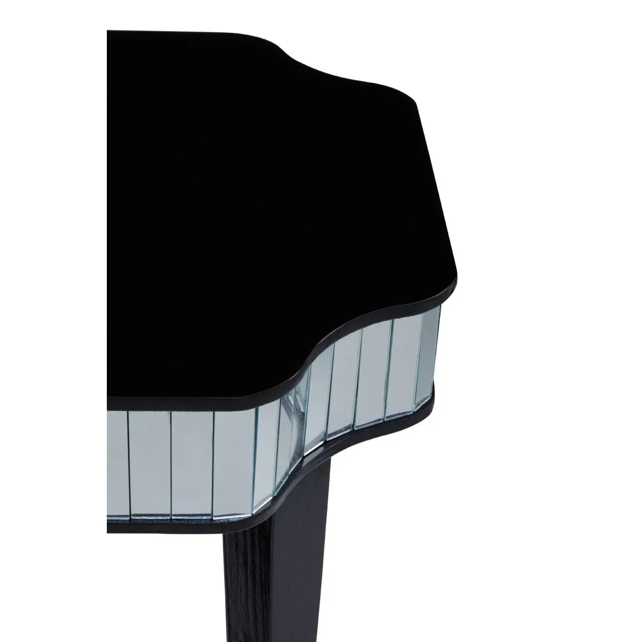 Mirrored side table with black scalloped glass top and reflective vertical panels