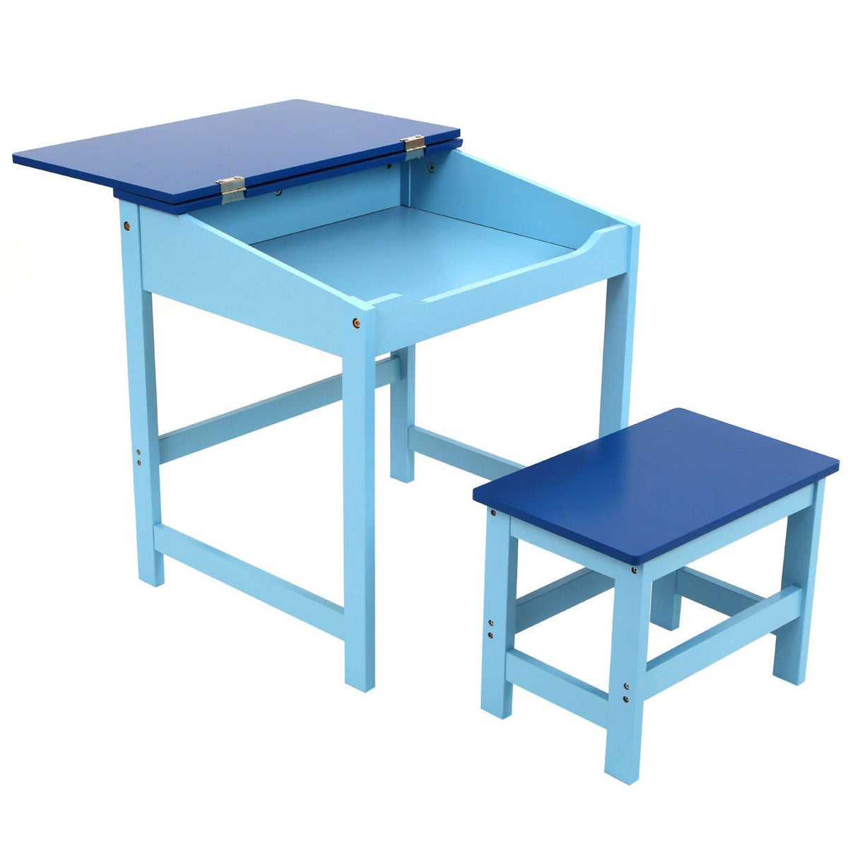 A blue children's desk with a slanted top and a matching blue stool, both featuring a light blue frame. The desk has a small storage compartment and is designed for young children
