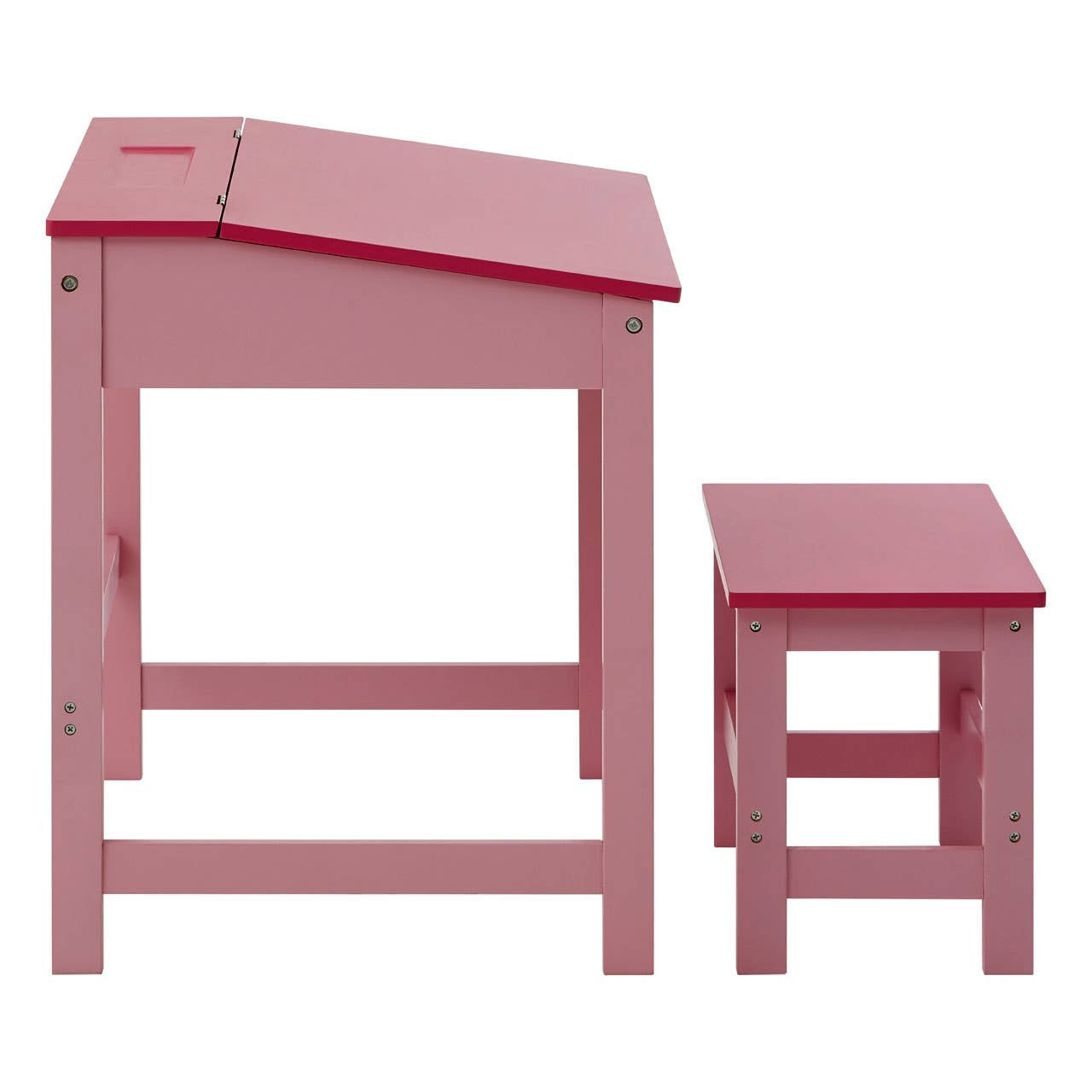 A pink children's desk with a slanted top and a matching stool, both featuring a simple design and sturdy legs. The desk includes a small storage compartment on the top surface