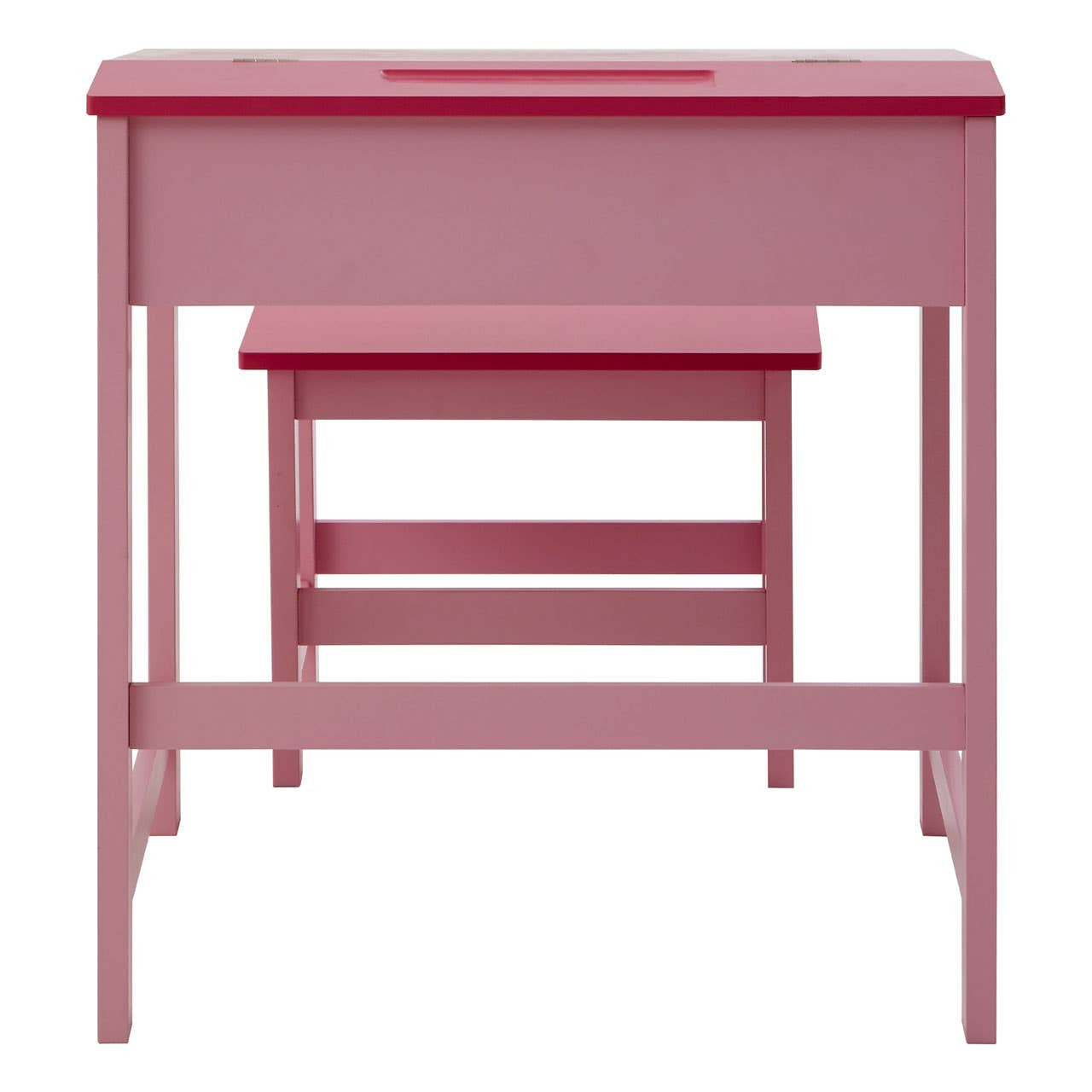 A pink children's desk with a matching stool, featuring a simple design and a small drawer on the desk for storage. The desk has a smooth surface and sturdy legs, while the stool is designed to fit neatly underneath the desk