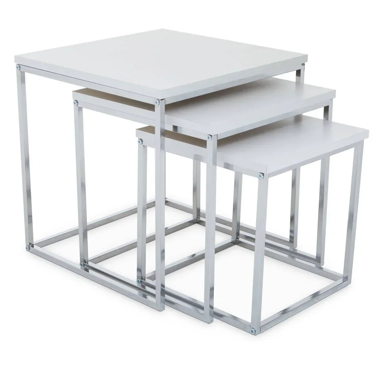 Set of three white nesting tables with chrome metal legs, stacked from largest to smallest
