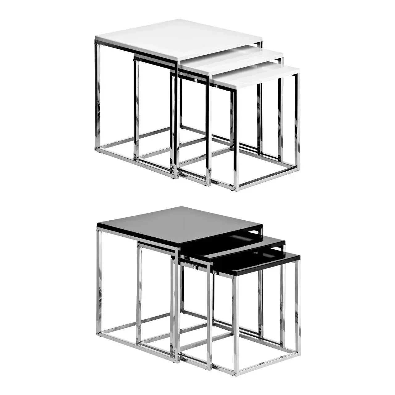 Modern nesting tables set with chrome frames, available in black and white tops, side view