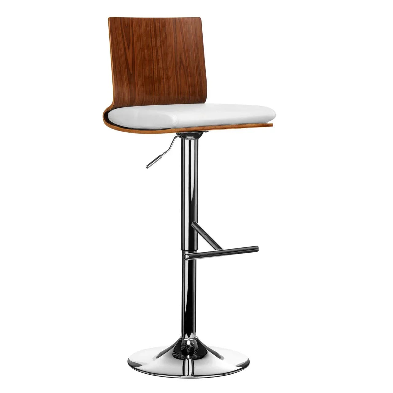 Walnut bar stool with chrome base and white cushioned seat, side view