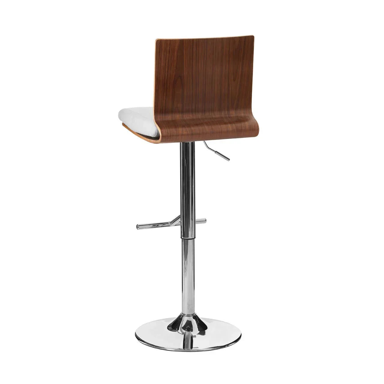 Walnut wood and chrome bar stool with white cushion, shown from the back on white background