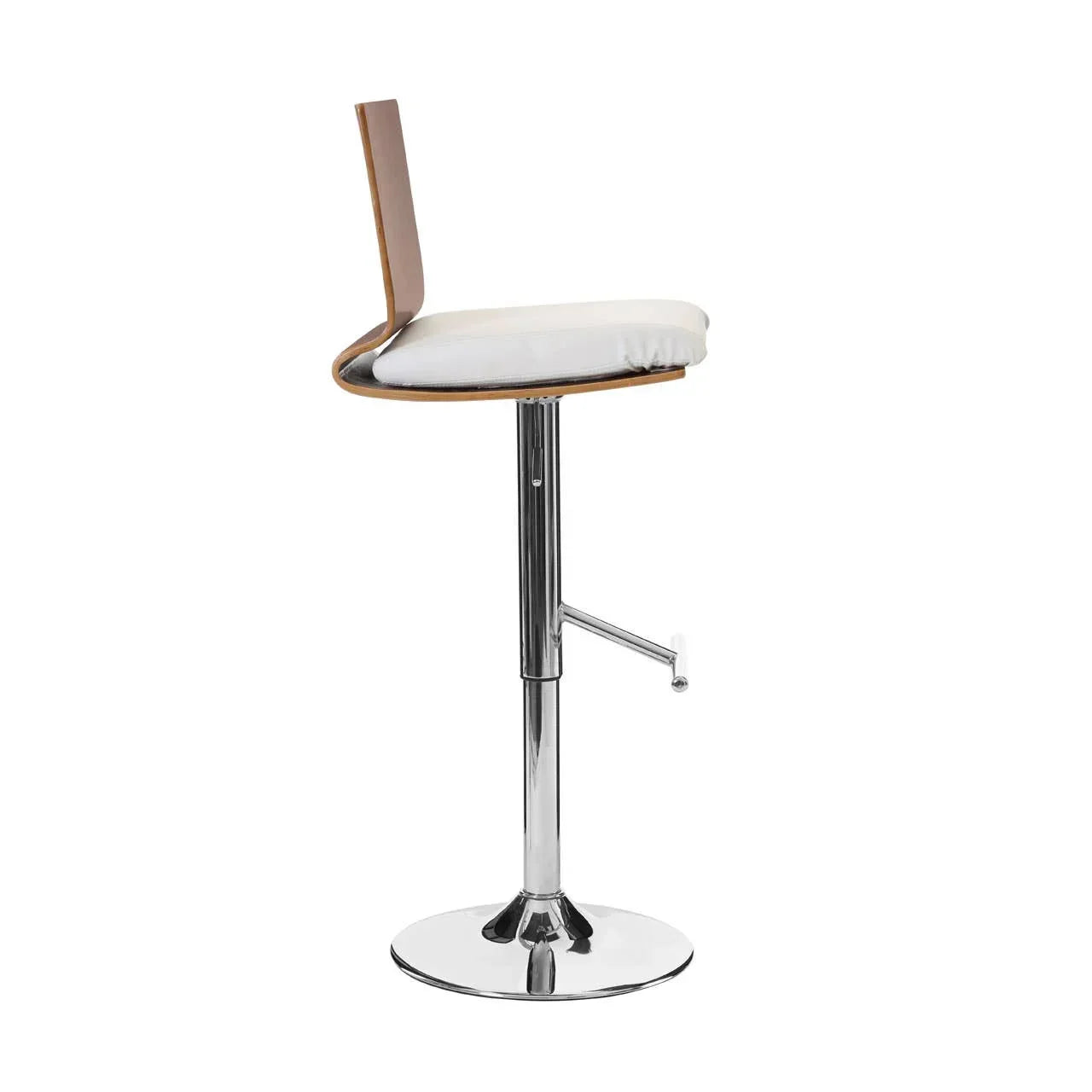Modern bar stool with white cushioned seat, wooden backrest, and chrome base side view