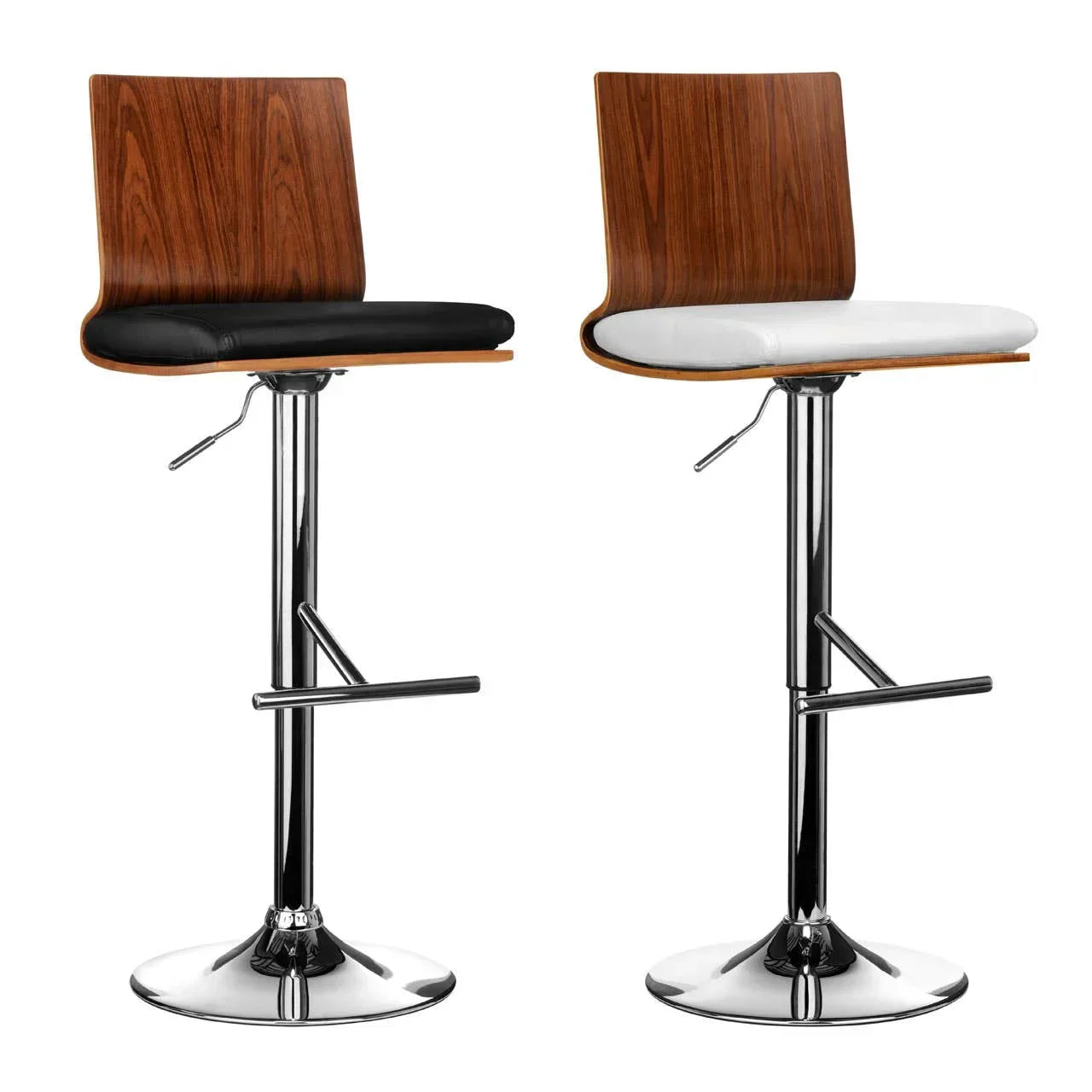 Pair of bar stools with wood backs, chrome bases, one with black and one with white seat