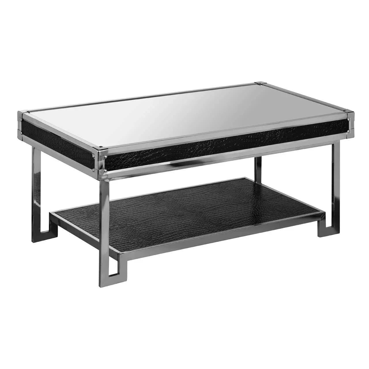 Glass top coffee table with chrome frame and black textured lower shelf