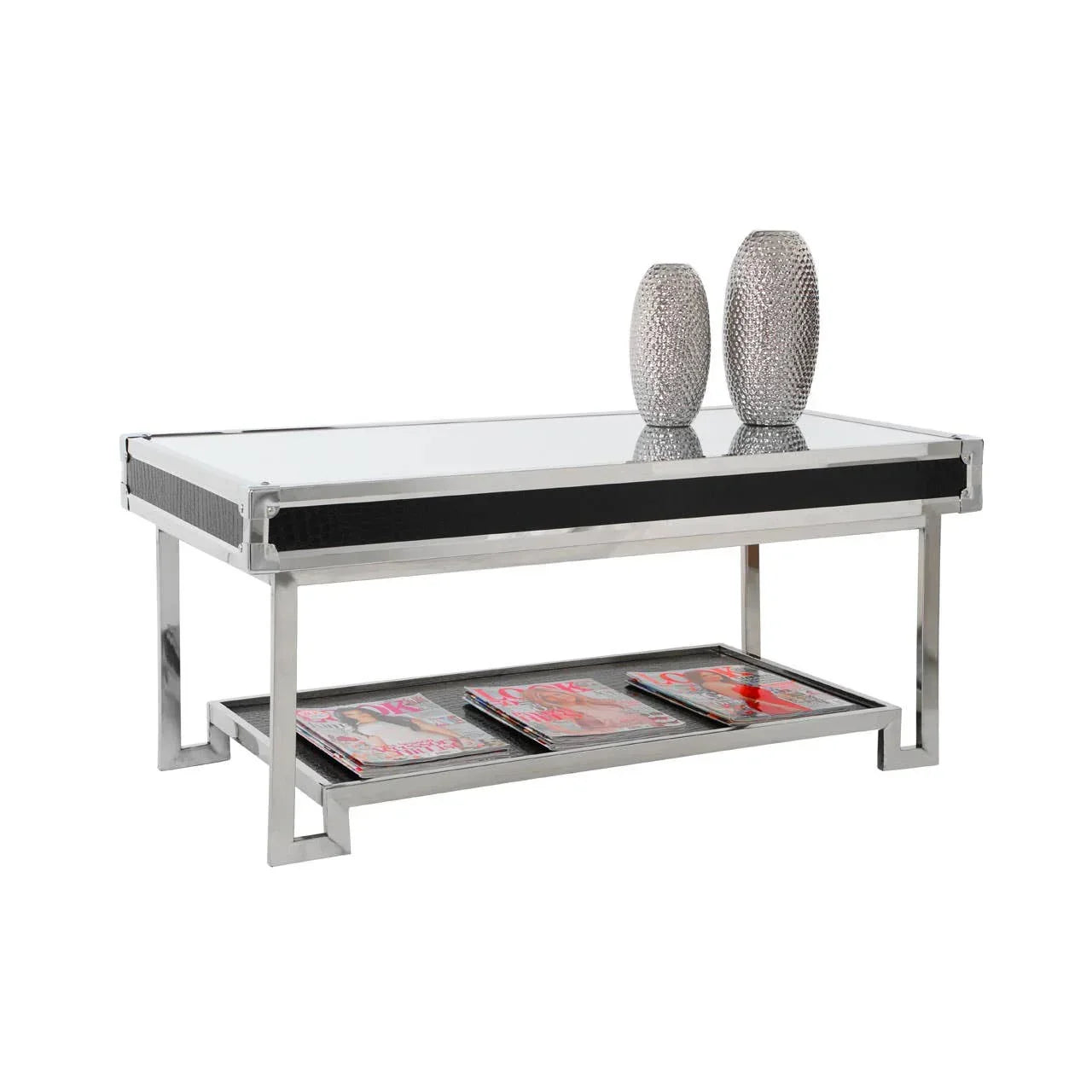 Glass top coffee table with chrome frame, two silver vases, and magazine shelf