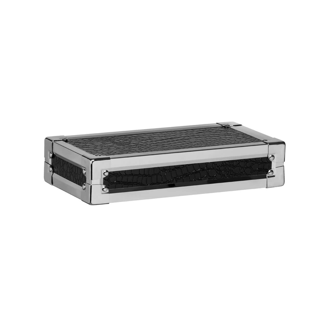 Faux crocodile leather wall shelf in a sleek rectangular design, featuring a textured black surface with silver accents on the edges. The shelf is mounted on the wall, providing a modern and stylish storage solution