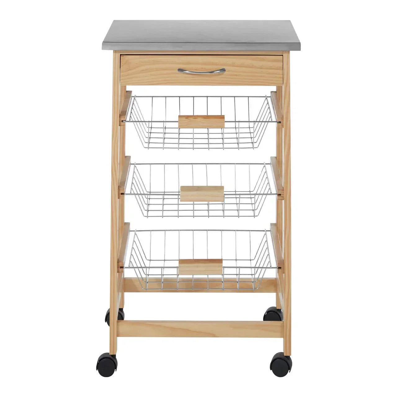 Wooden kitchen trolley with metal baskets, drawer and wheels, front view