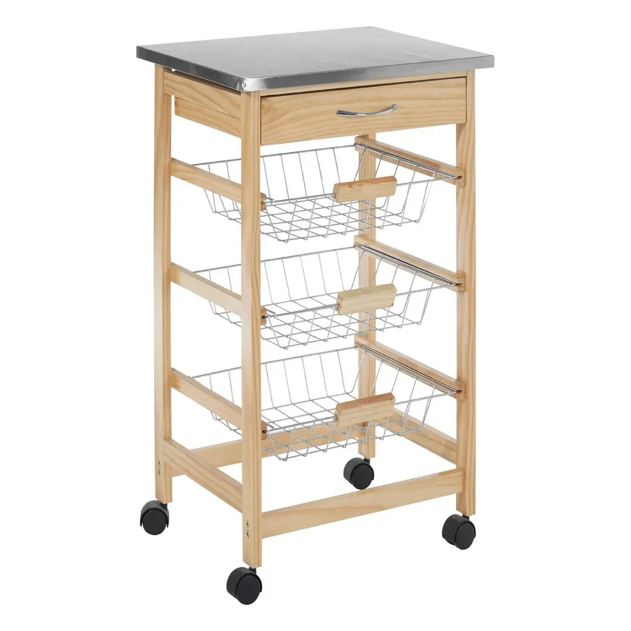 Wooden kitchen trolley with metal top, three wire storage baskets and wheels