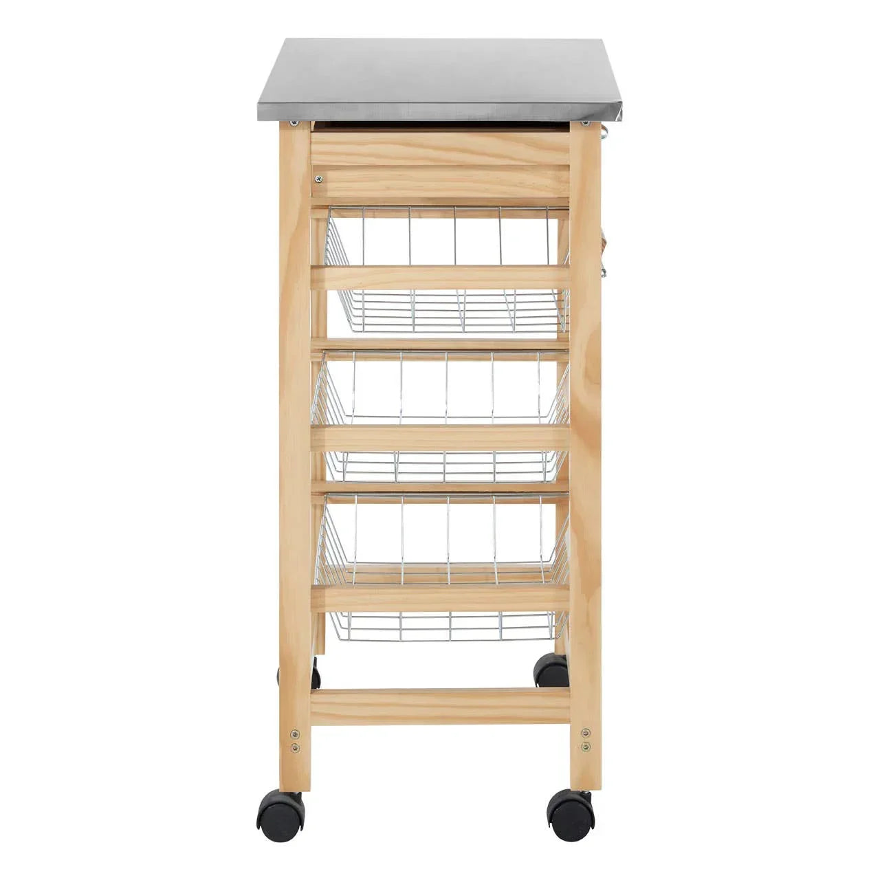 Wooden kitchen trolley with metal baskets and wheels, side view