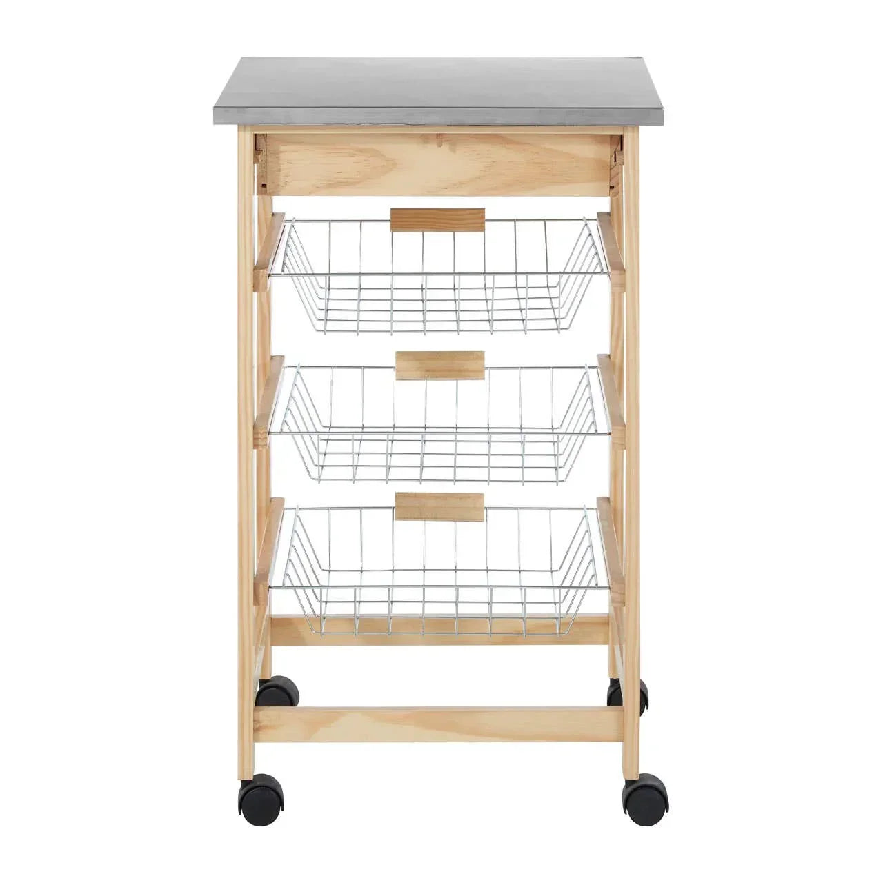 Wood kitchen trolley with metal top and three wire baskets on wheels