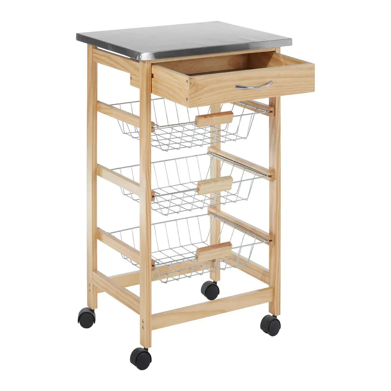 Kitchen trolley with stainless steel top, wooden frame, three wire baskets, drawer, and wheels