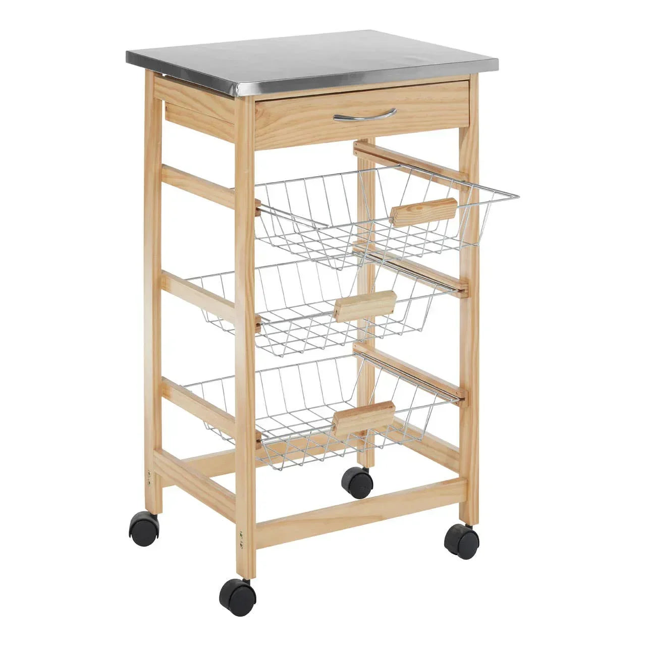 Wood kitchen trolley with stainless steel top, three wire baskets, drawer, and wheels