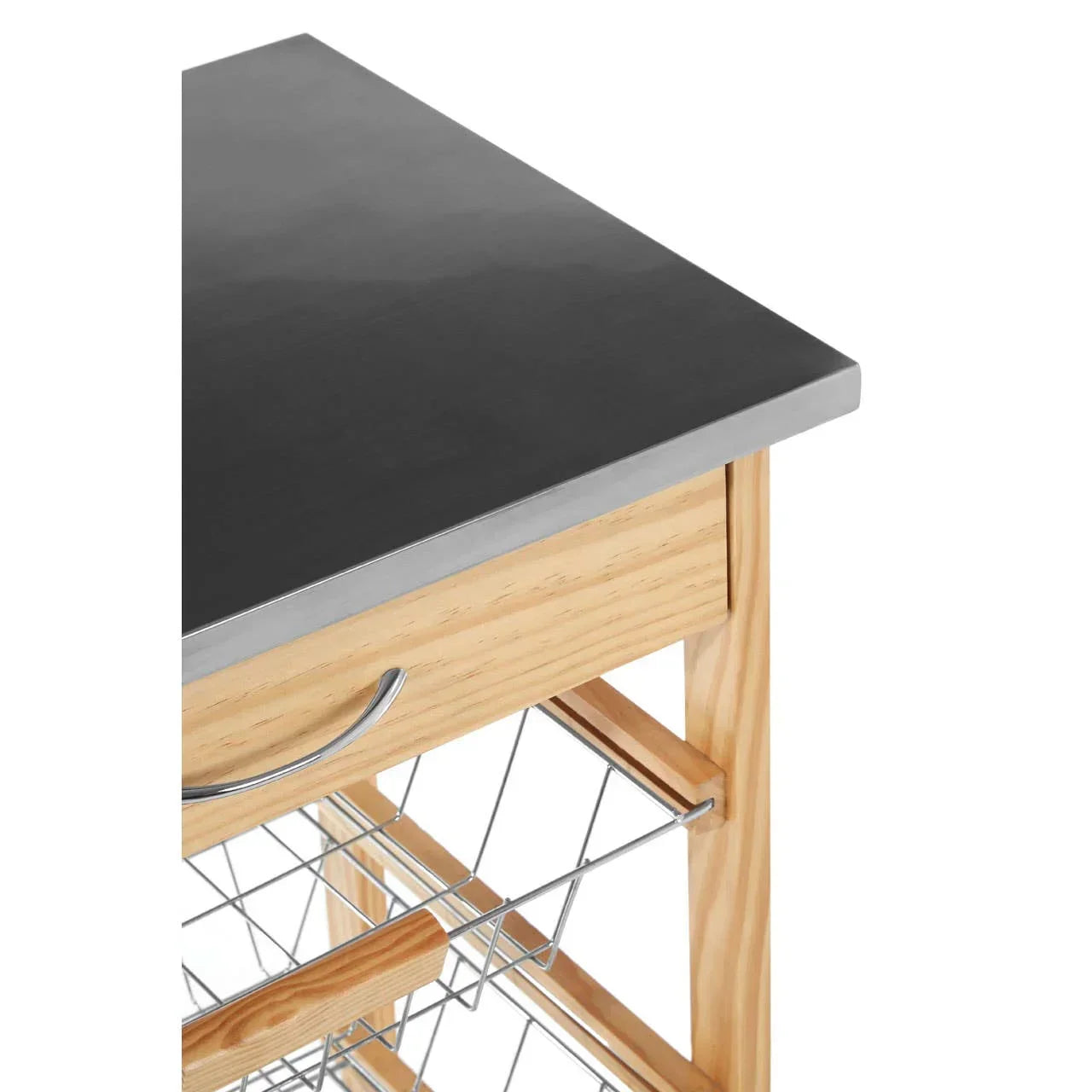 Wooden kitchen trolley with black worktop, wire baskets, and metal handle drawer corner view