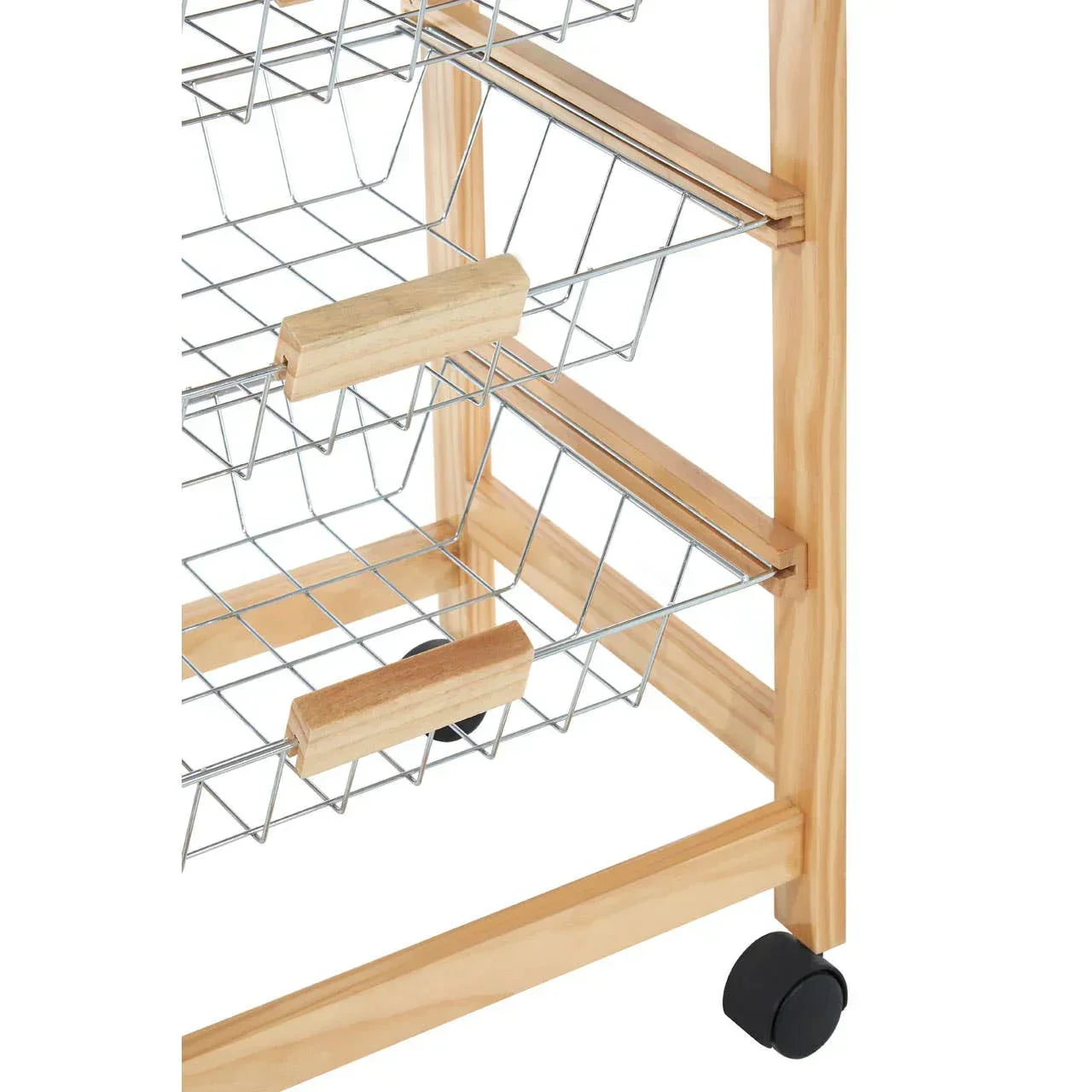 Wood and metal storage trolley with wire baskets and wheels close-up