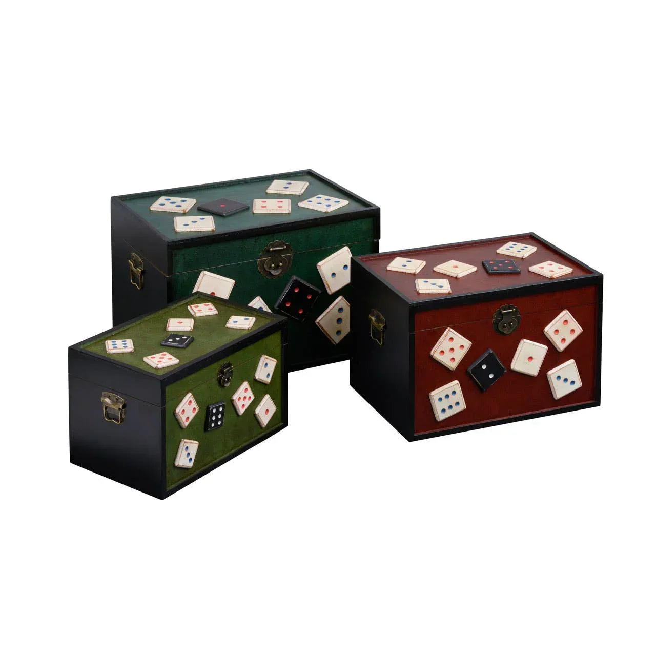 Set of storage trunks with velvet finish and decorative domino tile accents