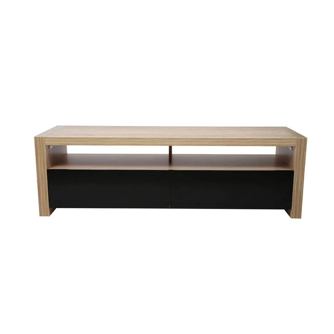 Modern wood TV stand with open shelf and black storage drawers, front view
