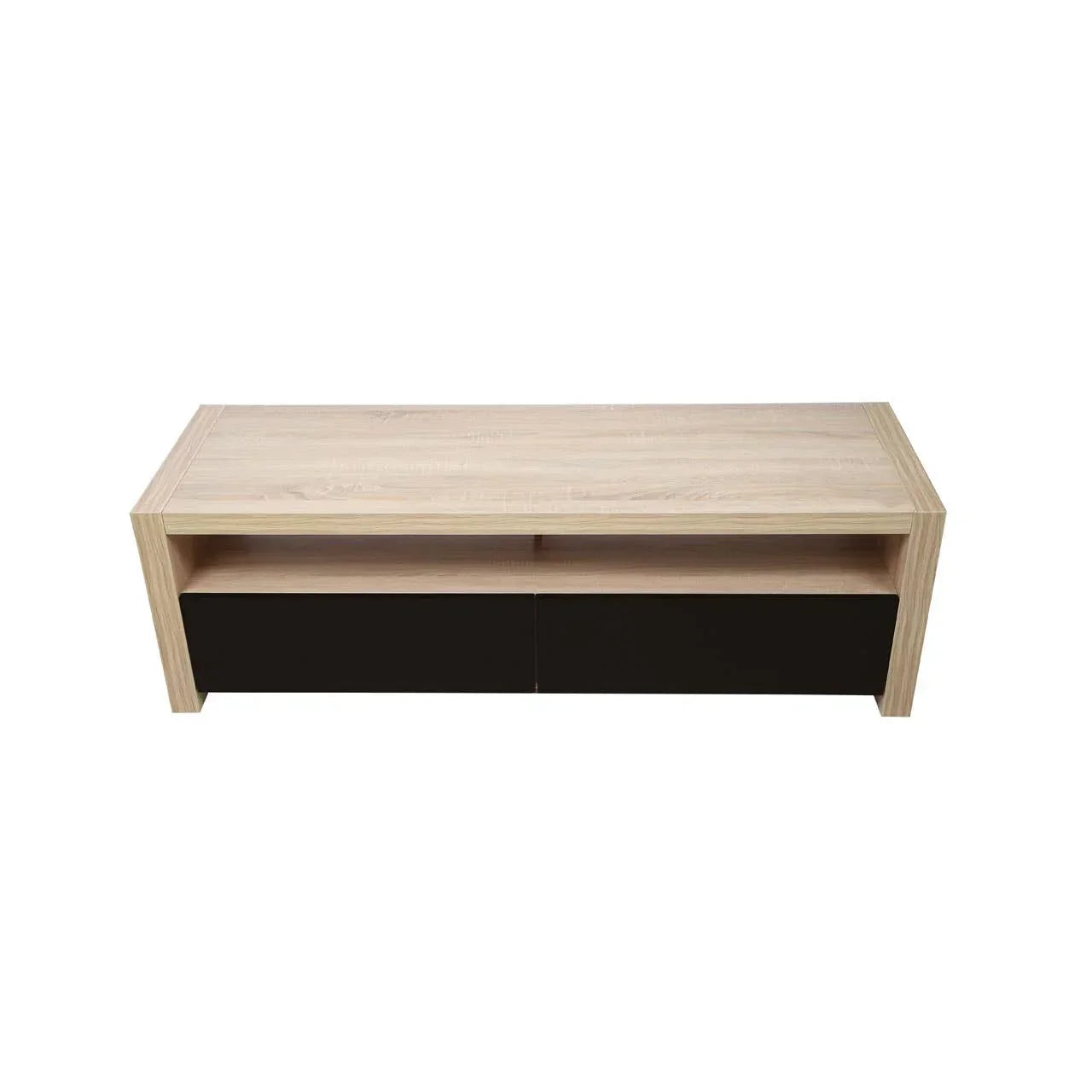Light oak TV unit with open shelf and two matte black drawers, front view