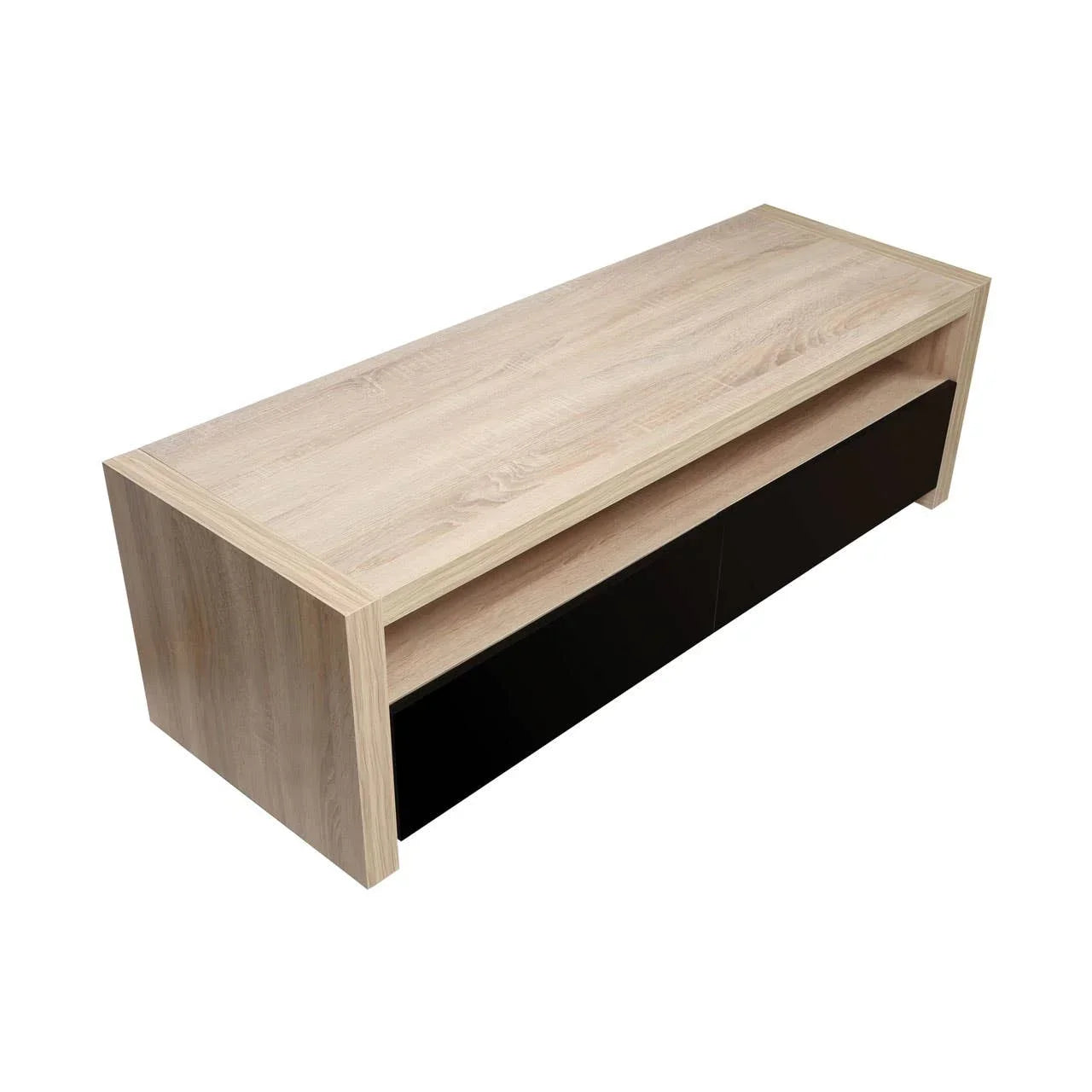Oak effect TV unit with open shelf and black gloss drawers, angled view