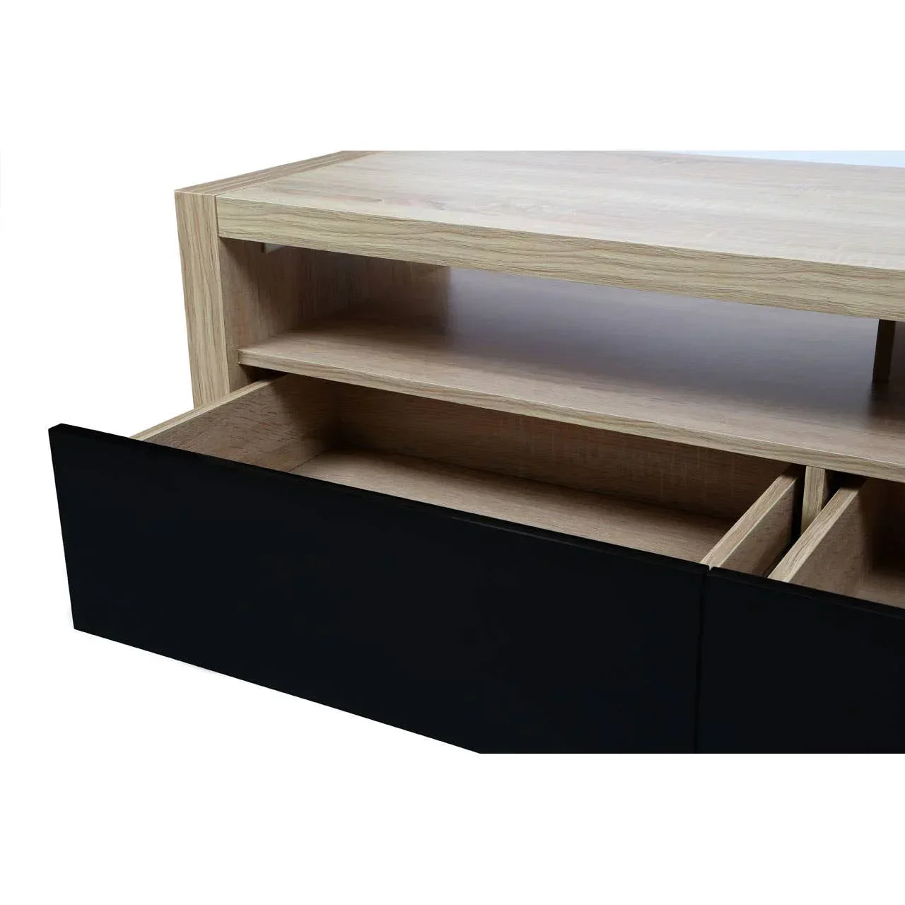 Oak and black TV unit with open drawer and shelf compartments