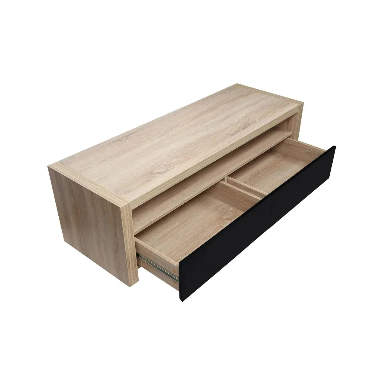 Oak effect TV unit with open storage shelf and two black drawers, front angled view