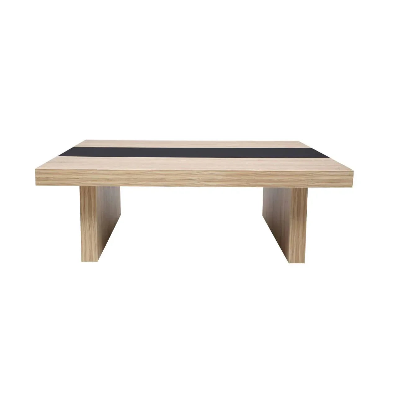 Rectangular wooden coffee table with black center stripe and panel legs on white background
