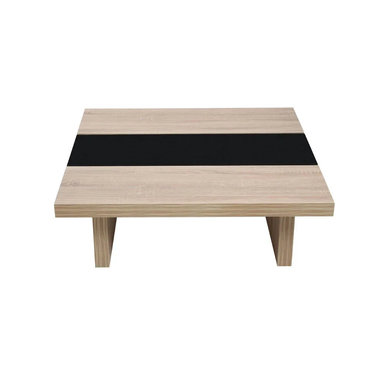 modern wood coffee table with black stripe detail and rectangular legs