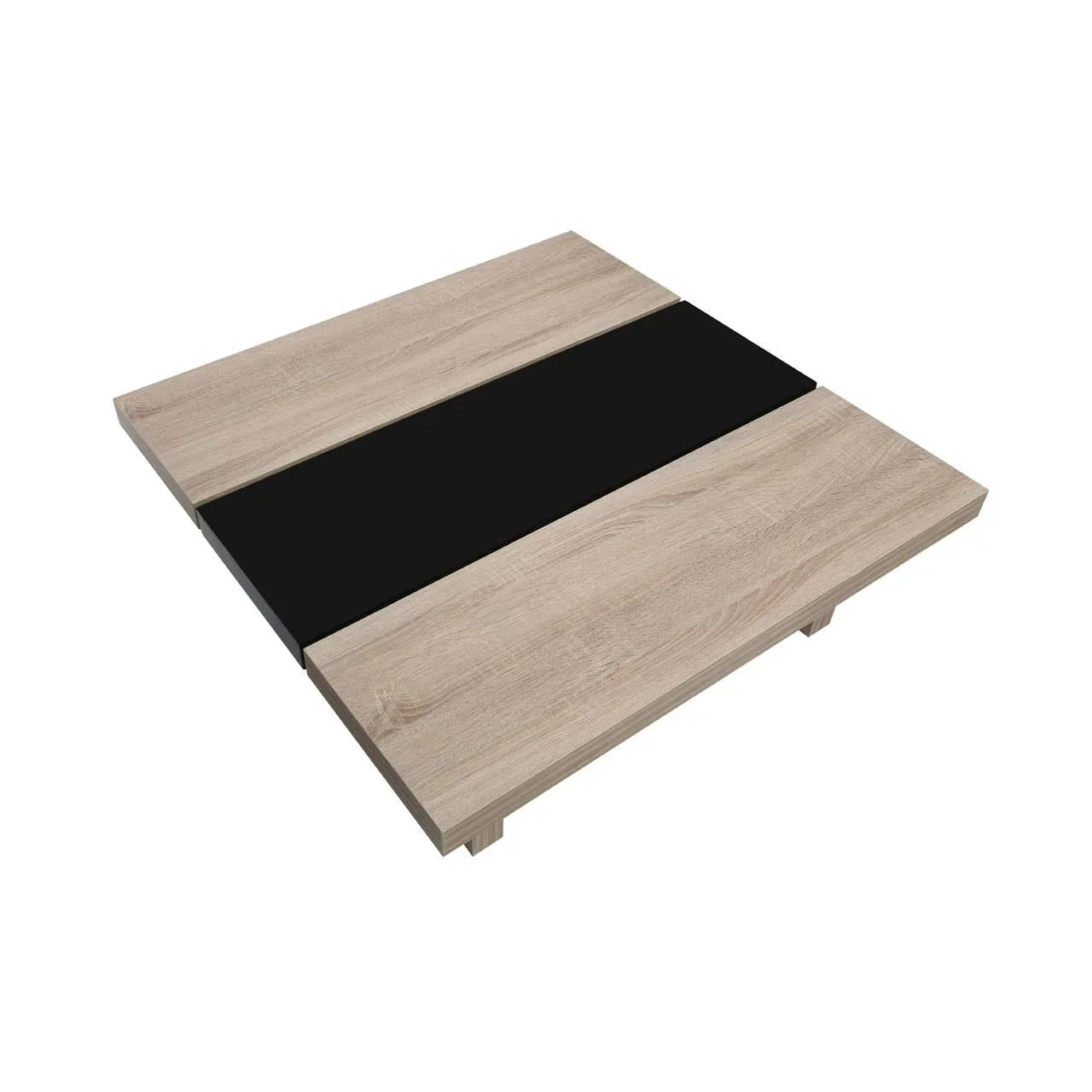Square coffee table with oak wood finish and black central panel, top view