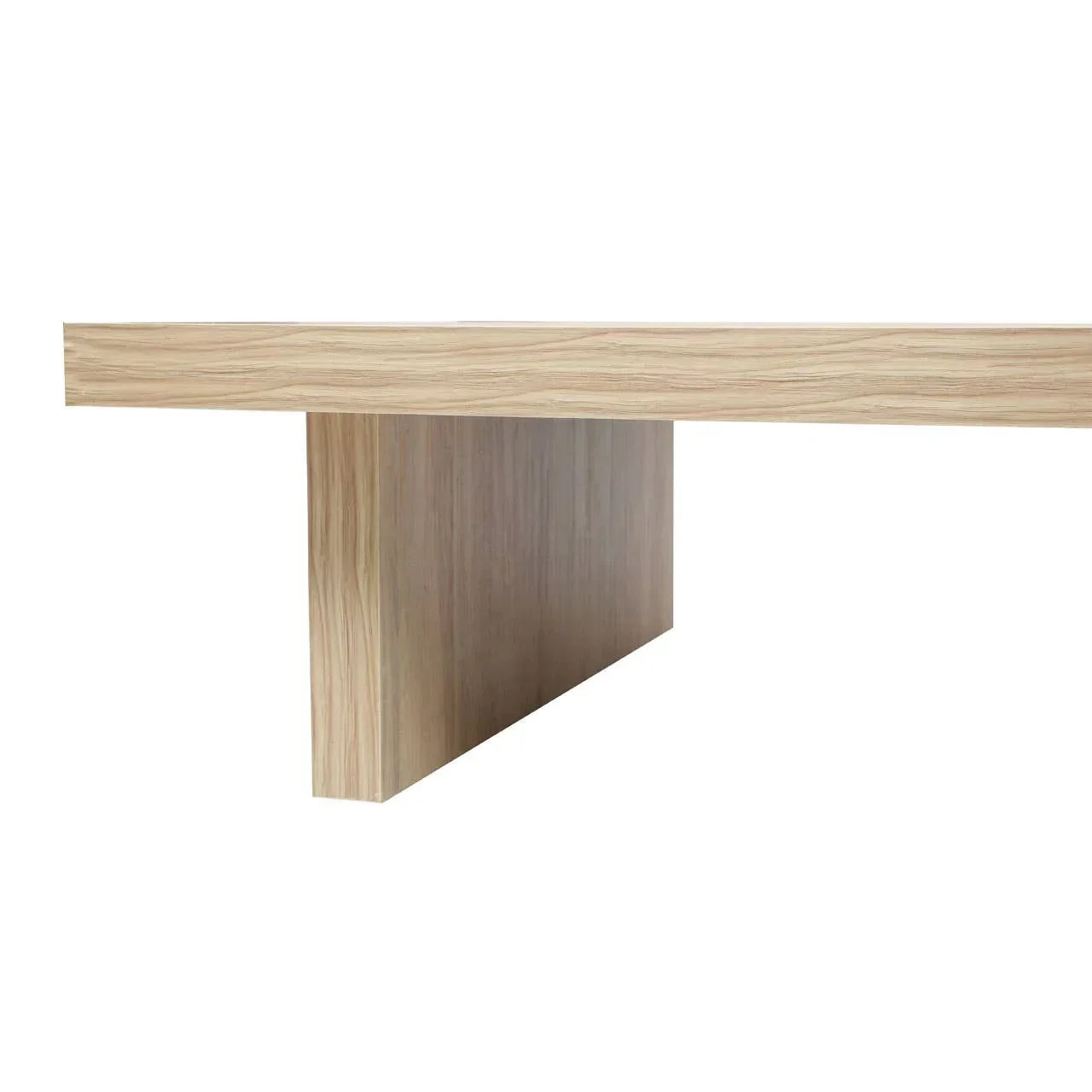 Light oak wood dining table with rectangular top and panel base, side view