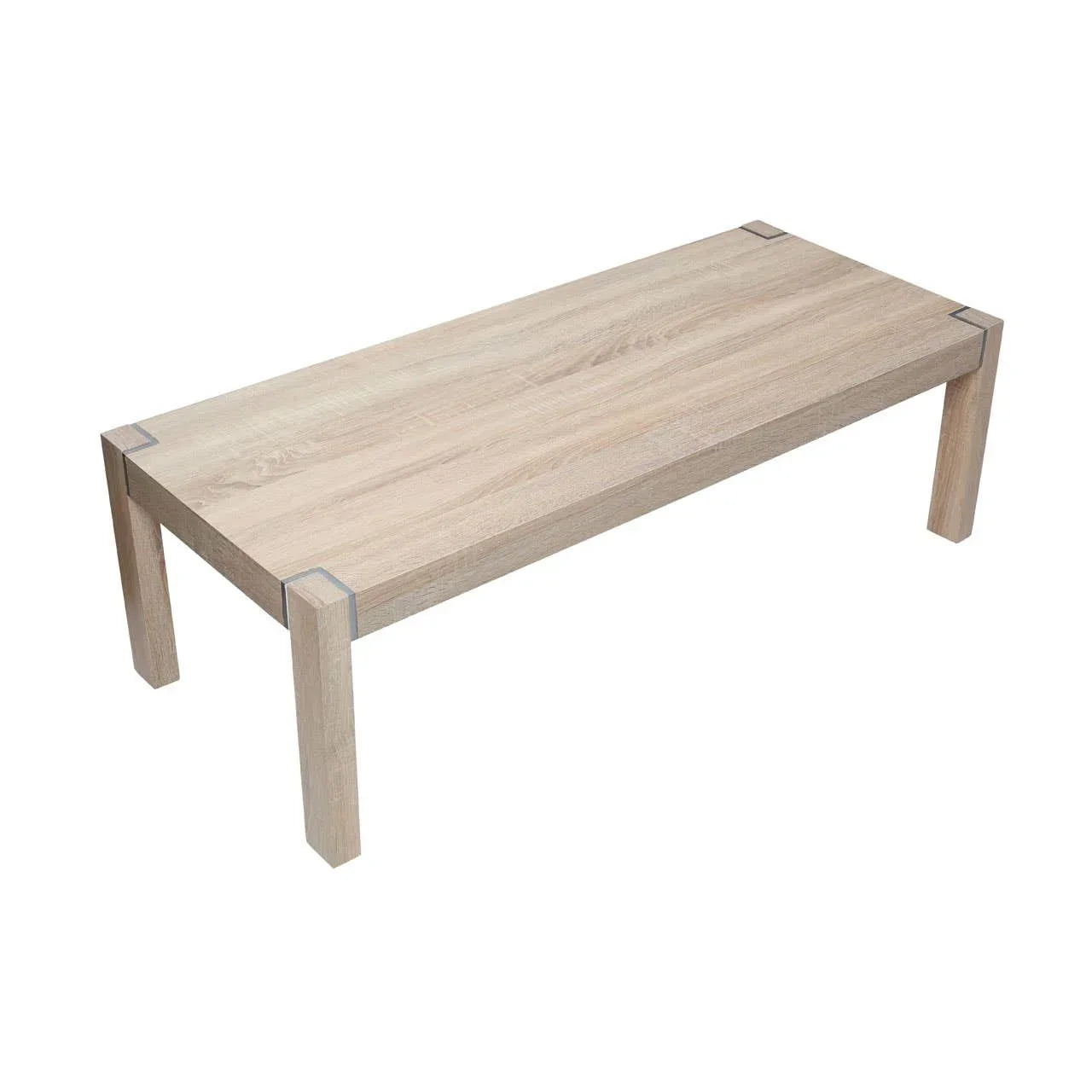 Rectangular light wood coffee table with straight legs and corner metal accents