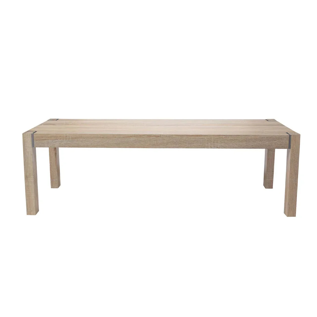 Rectangular oak dining table with metal corner accents, straight legs, front view