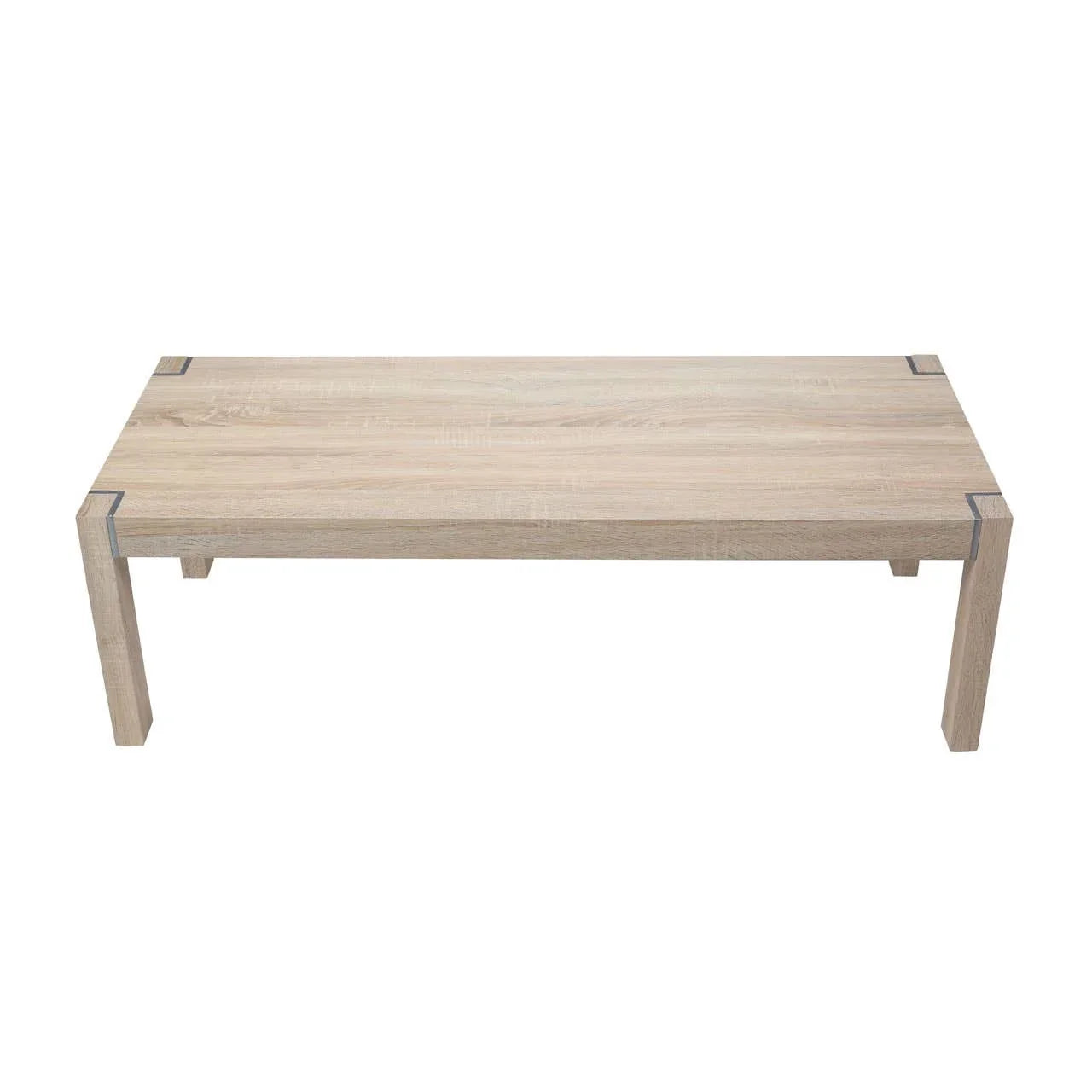 Rectangular oak coffee table with straight legs and metal corner accents
