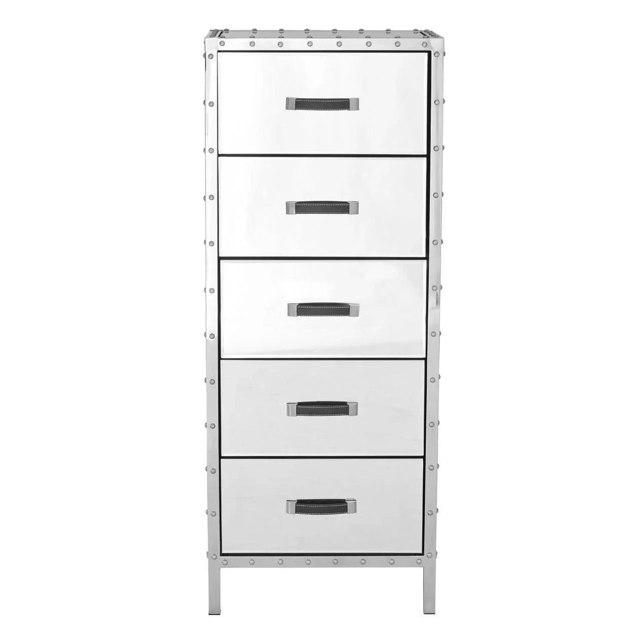 Tall silver metal chest of drawers with five drawers and rivet details