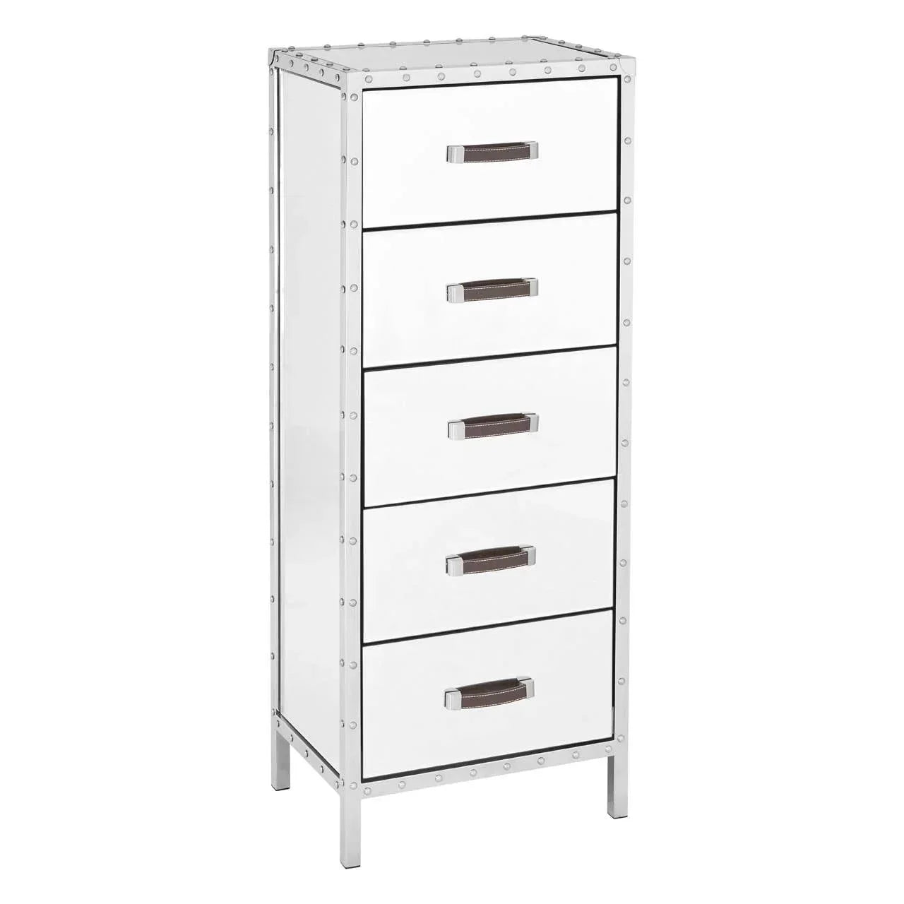 Tall mirrored chest of drawers with five handles and studded metal trim