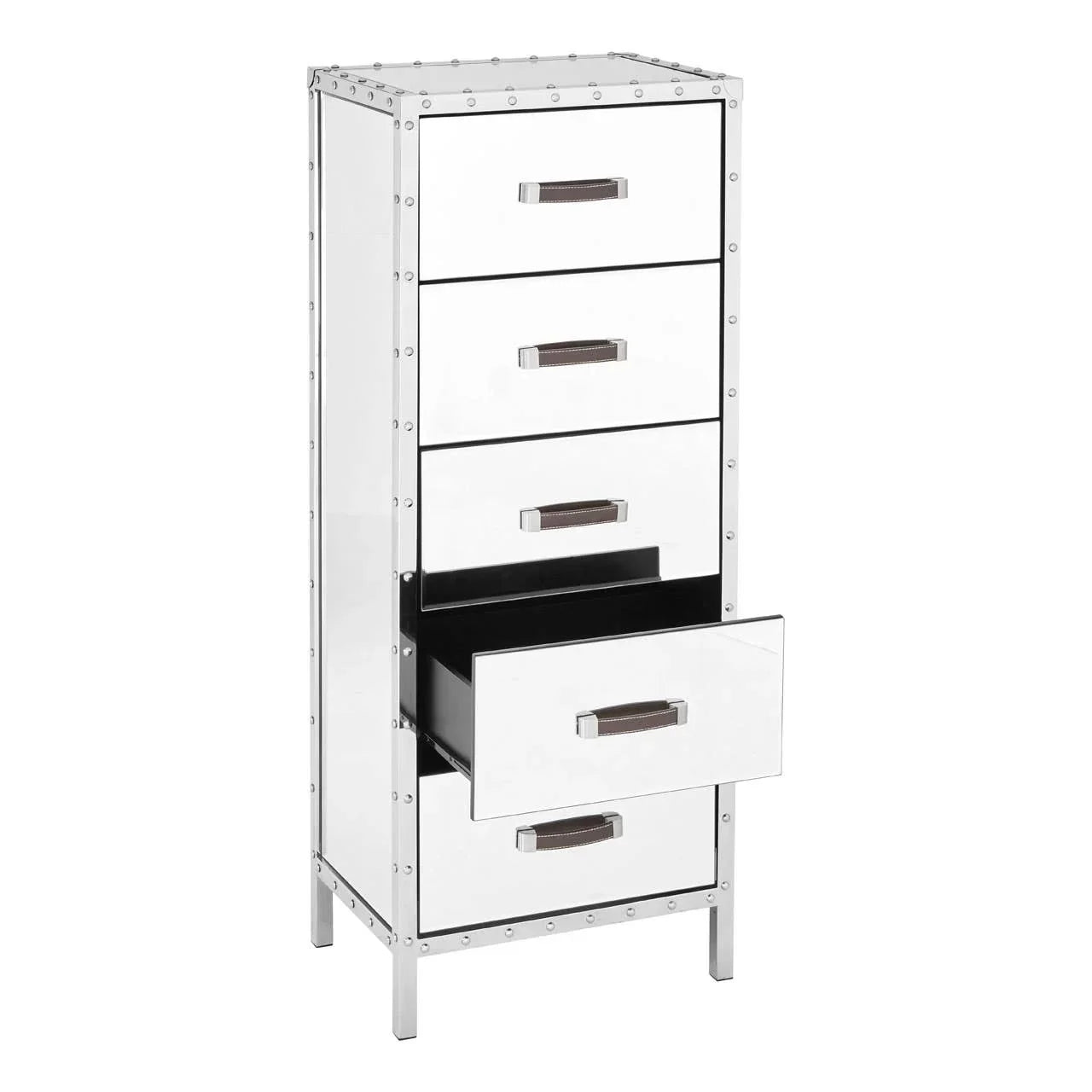 Mirrored tall chest of drawers with metal handles, one drawer partially open